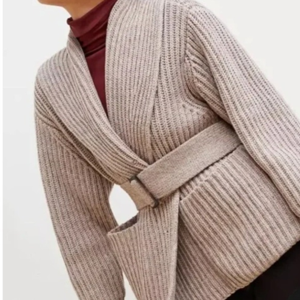 MM LaFleur New York Shawl Collar Ribbed Knit‎ Belted Cardigan Sweater M/L Taupe